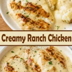 Creamy ranch chicken cutlets in skillet sauce with baked potato and green beans