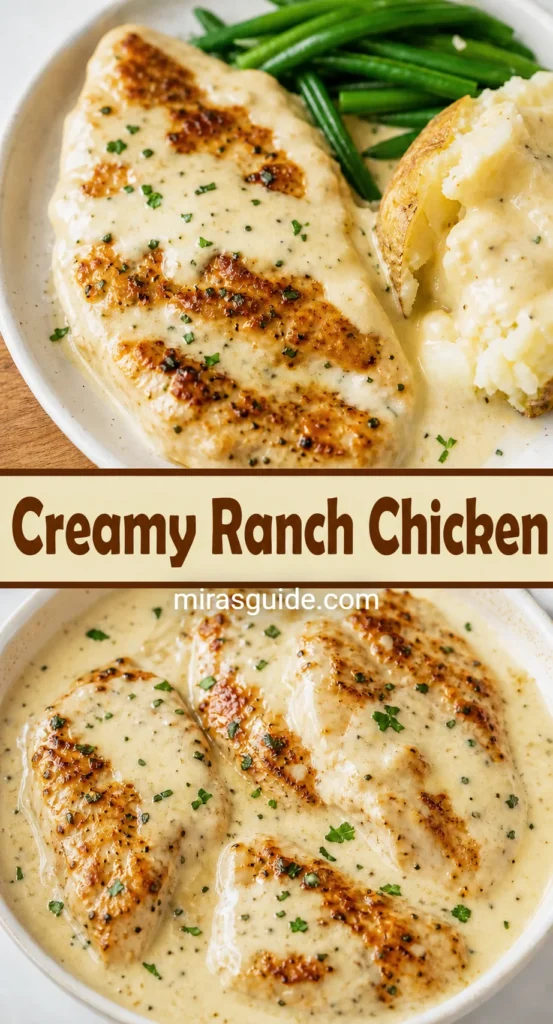 Creamy ranch chicken cutlets in skillet sauce with baked potato and green beans