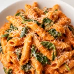 Creamy tomato spinach pasta with penne and Parmesan in a white bowl