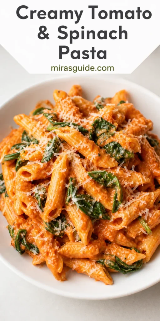 Creamy tomato spinach pasta with penne and Parmesan in a white bowl