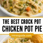 Crock pot chicken pot pie filling with mixed vegetables and a biscuit