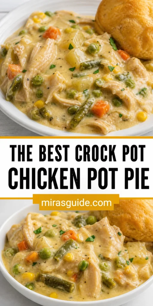 Crock pot chicken pot pie filling with mixed vegetables and a biscuit