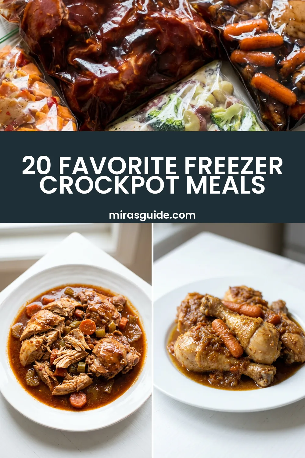 Freezer crockpot meal bags with chicken, potatoes, cream sauce and vegetables ready to cook