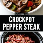 CrockPot pepper steak with peppers, onion, and mushrooms