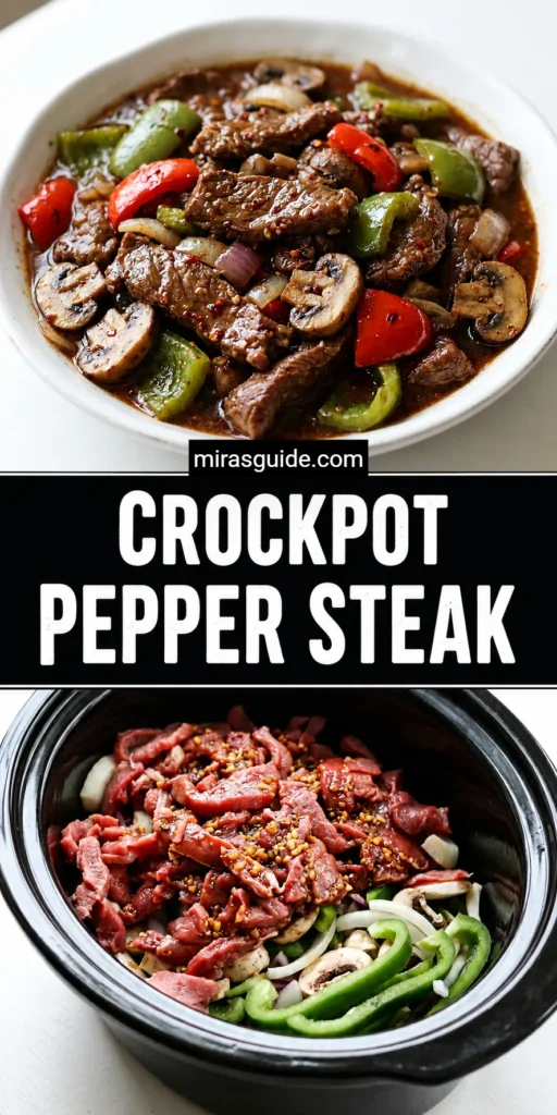 CrockPot pepper steak with peppers, onion, and mushrooms