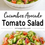 Cucumber tomato avocado salad with red onion and cilantro in a white bowl