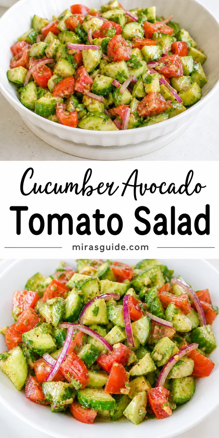 Cucumber tomato avocado salad with red onion and cilantro in a white bowl