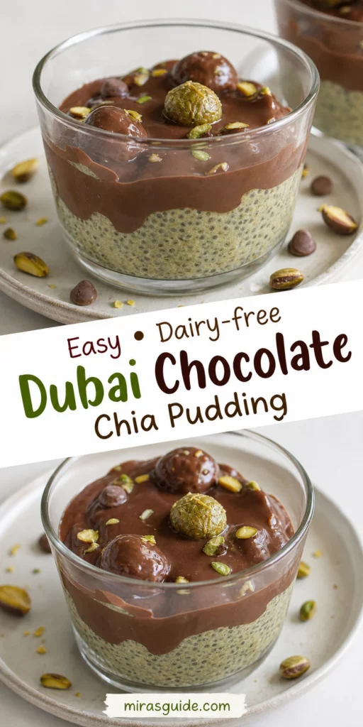 Dubai chocolate chia pudding with pistachio and chocolate topping