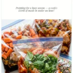 Seven easy dump crockpot freezer meal bags with chicken, beef, spinach and vegetables