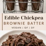 Edible chickpea brownie batter in glasses and on a plate with chocolate chunks