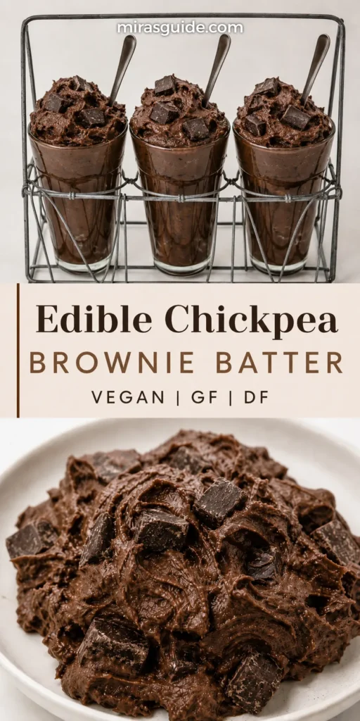 Edible chickpea brownie batter in glasses and on a plate with chocolate chunks
