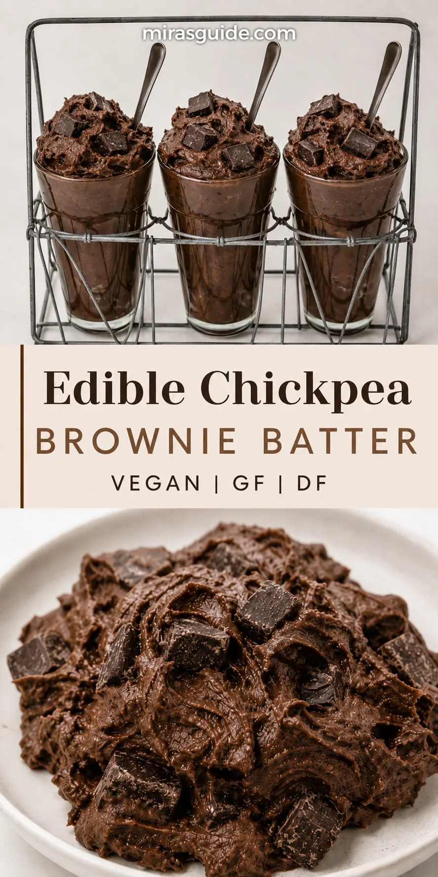 Edible chickpea brownie batter in glasses and on a plate with chocolate chunks