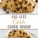 Egg-less edible chocolate chip cookie dough scoops on a plate with mini chocolate chips