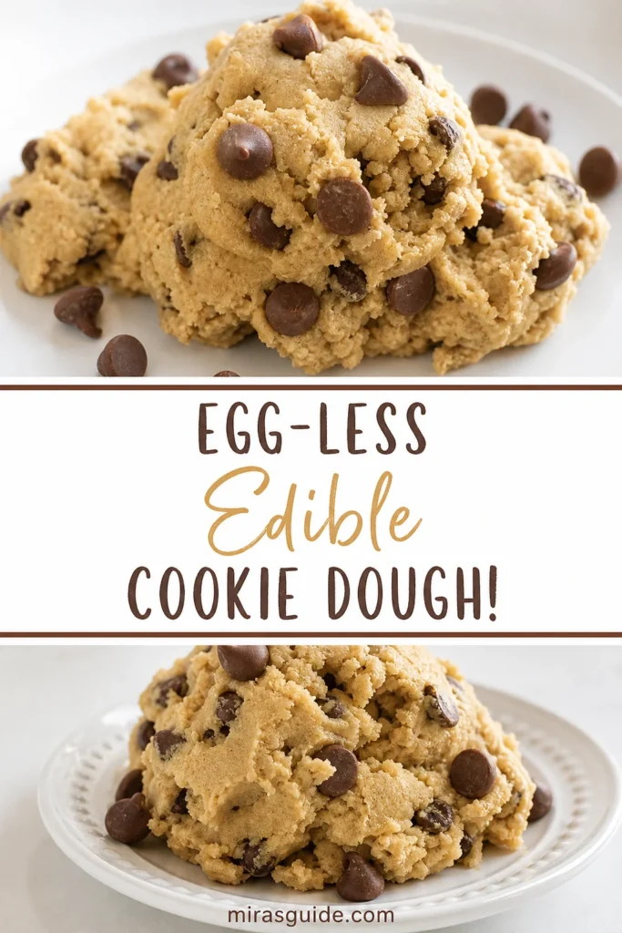 Egg-less edible chocolate chip cookie dough scoops on a plate with mini chocolate chips
