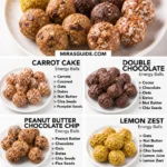 Six healthy energy balls from one recipe: carrot cake, double chocolate, peanut butter chocolate chip, lemon zest, cranberry coconut, and oatmeal raisin