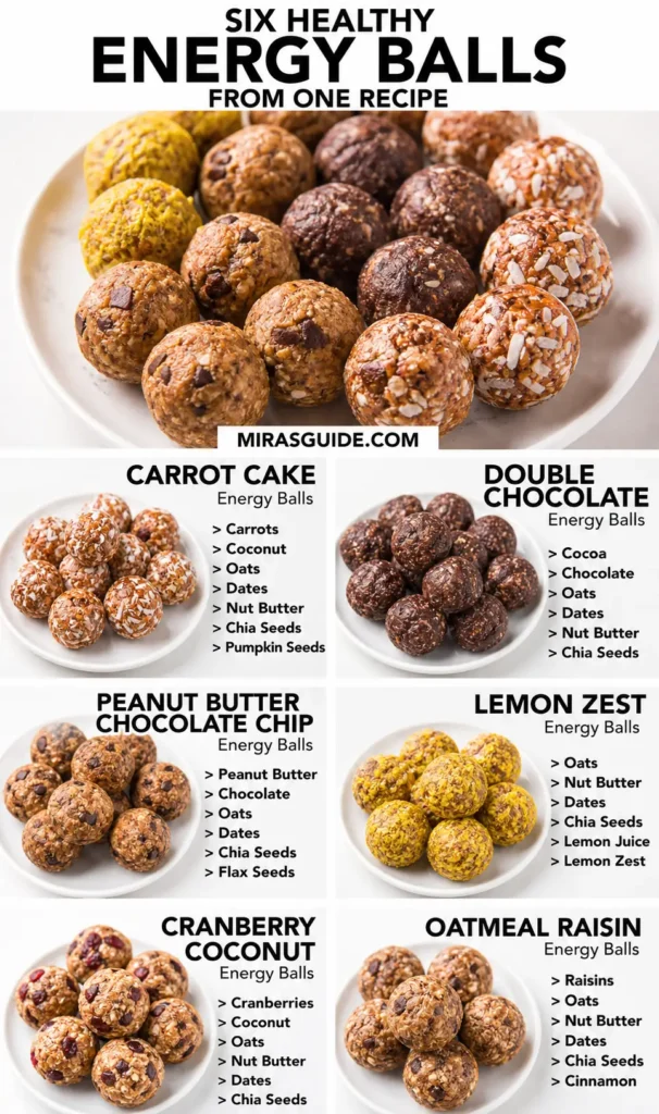 Six healthy energy balls from one recipe: carrot cake, double chocolate, peanut butter chocolate chip, lemon zest, cranberry coconut, and oatmeal raisin