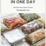 Fifty freezer meals in bags and foil pans stacked after a one-day batch cooking session