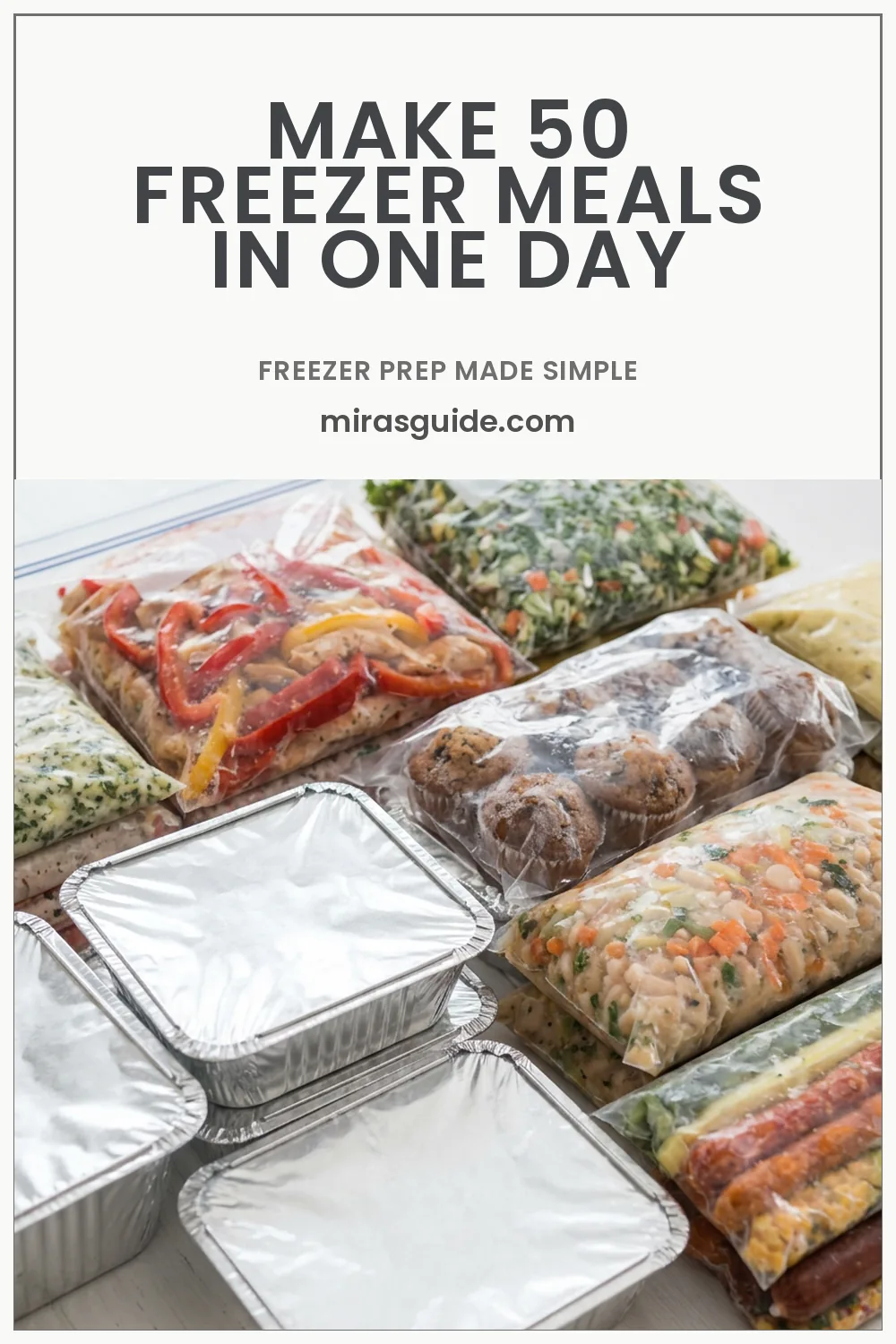 Fifty freezer meals in bags and foil pans stacked after a one-day batch cooking session