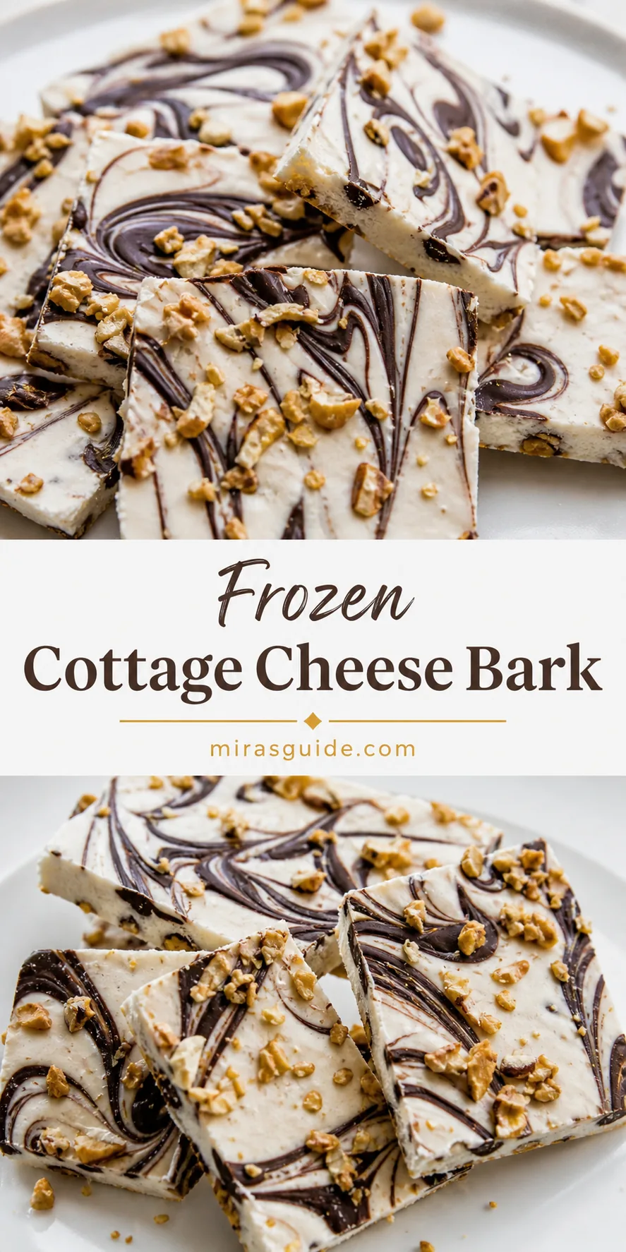 Frozen cottage cheese bark with chocolate swirl and chopped nuts