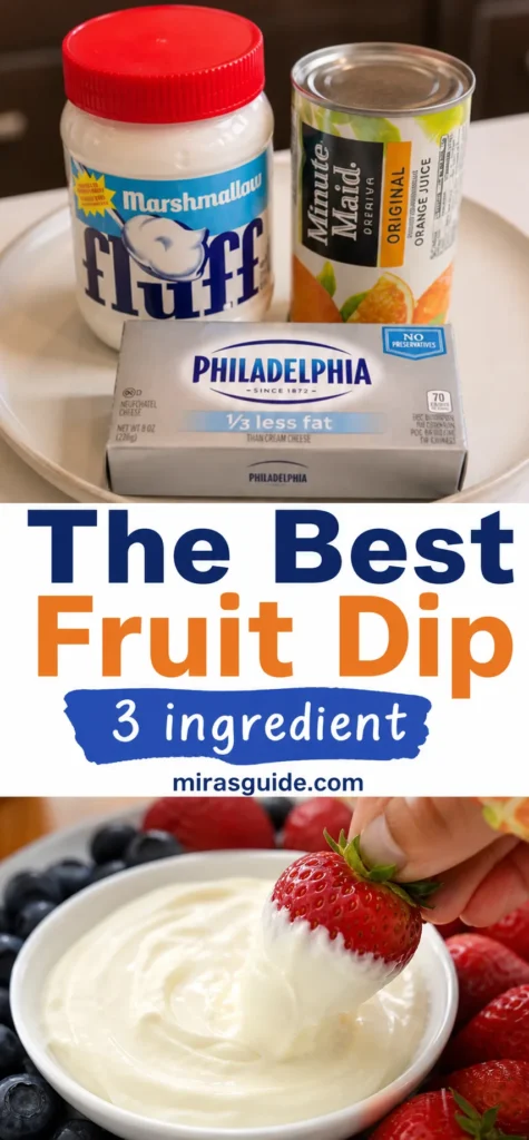 Creamy fruit dip with strawberry dipped, fresh berries around