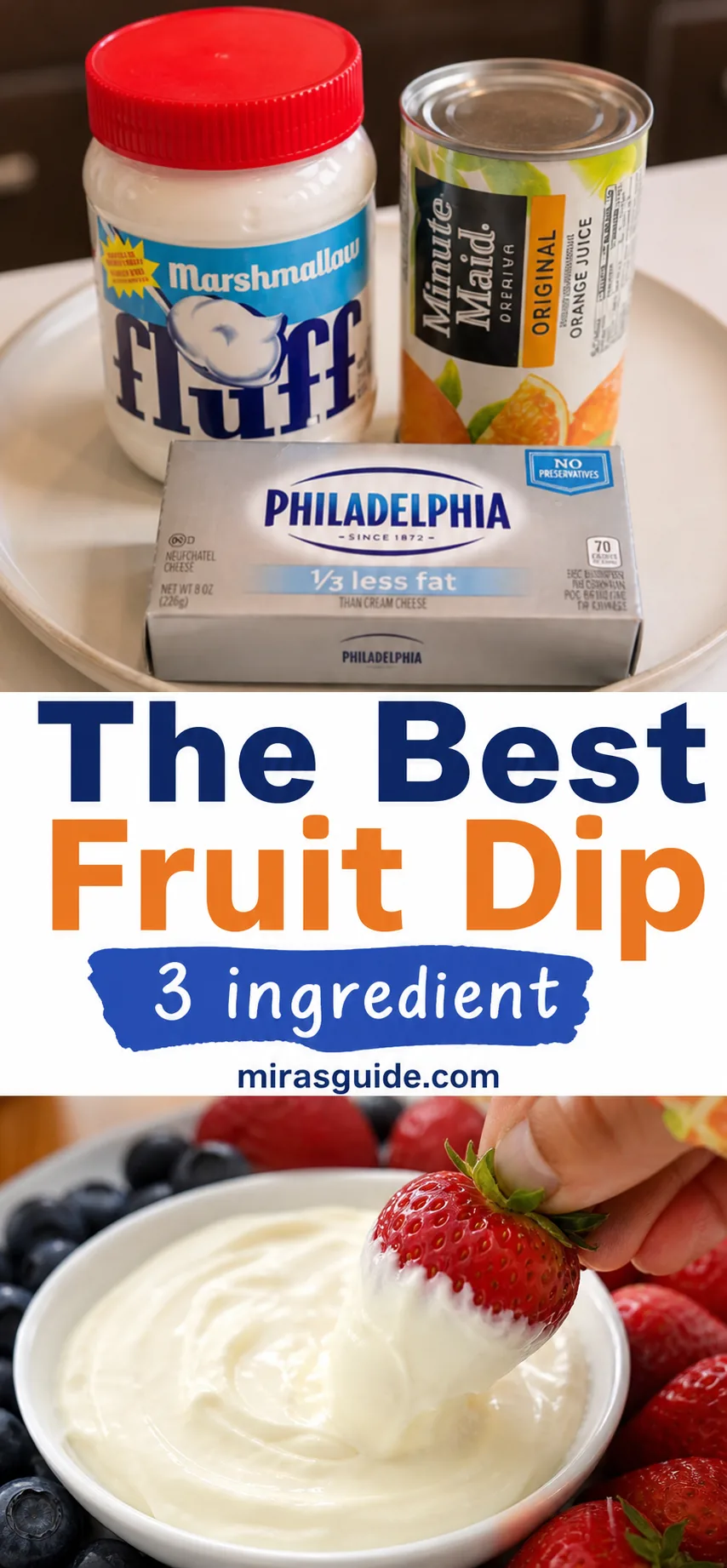 Creamy fruit dip with strawberry dipped, fresh berries around