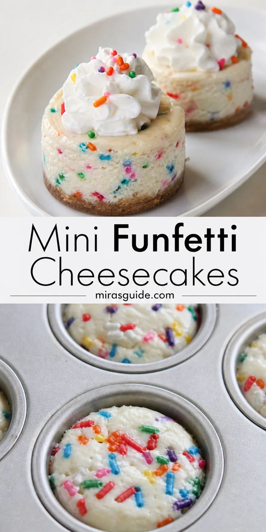 Funfetti mini cheesecakes with whipped cream and rainbow sprinkles