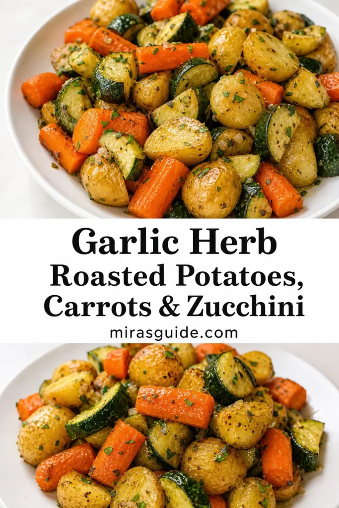 Garlic herb roasted potatoes, carrots, and zucchini on a white plate