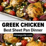 Greek sheet pan chicken dinner with thighs, zucchini, tomatoes, olives, and feta