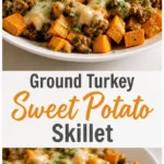 Ground turkey sweet potato skillet with melted mozzarella on a white plate