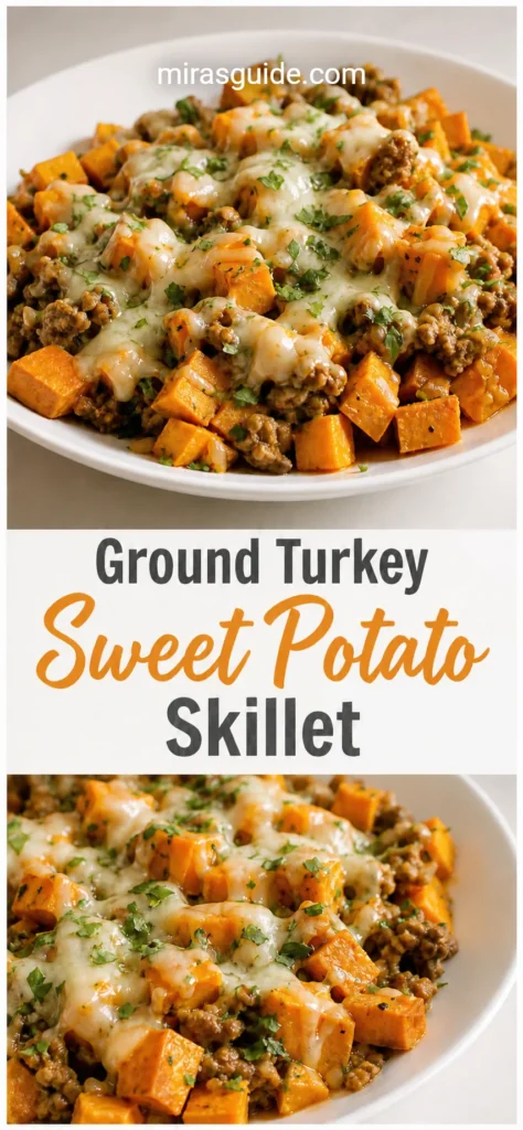Ground turkey sweet potato skillet with melted mozzarella on a white plate