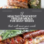 Healthy crockpot freezer meal bags with chicken, broccoli, carrots and beans ready for the freezer