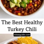 Healthy turkey chili topped with avocado, cheddar, sour cream, jalapeño, and chips