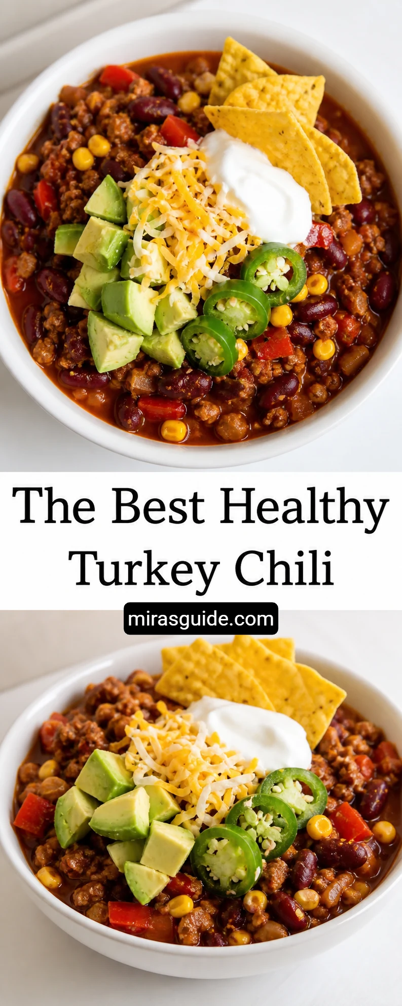 Healthy turkey chili topped with avocado, cheddar, sour cream, jalapeño, and chips
