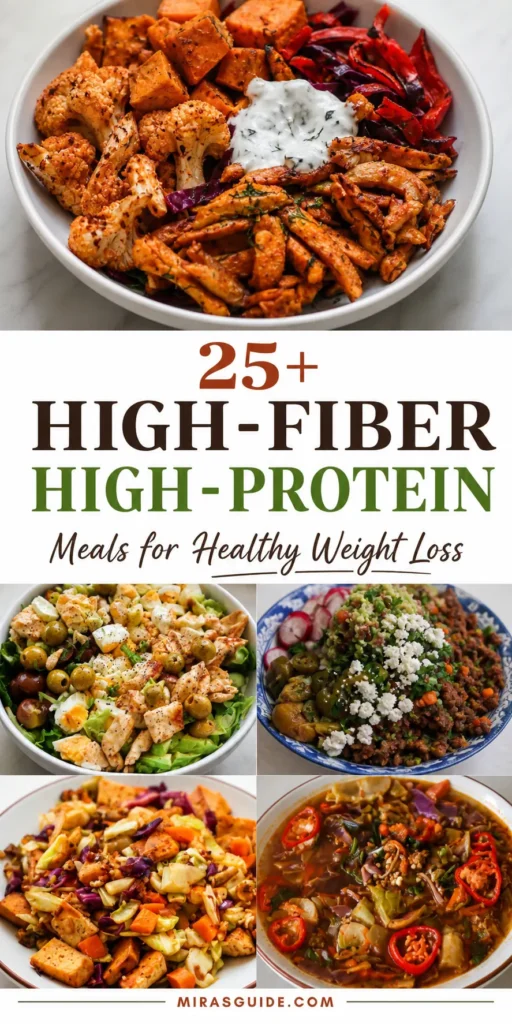 Collage of high-fiber high-protein meals including bowls, salad, stir-fry, and soup