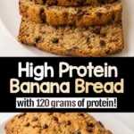Sliced high protein banana bread loaf with chocolate chips on a white plate