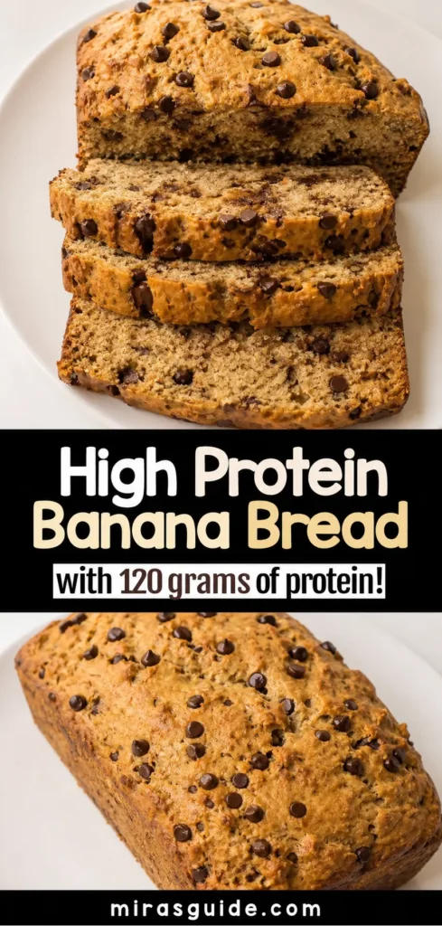 Sliced high protein banana bread loaf with chocolate chips on a white plate
