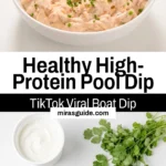 High-protein ranch and Rotel boat dip in a bowl with tortilla chips, cottage cheese, and salsa ingredients