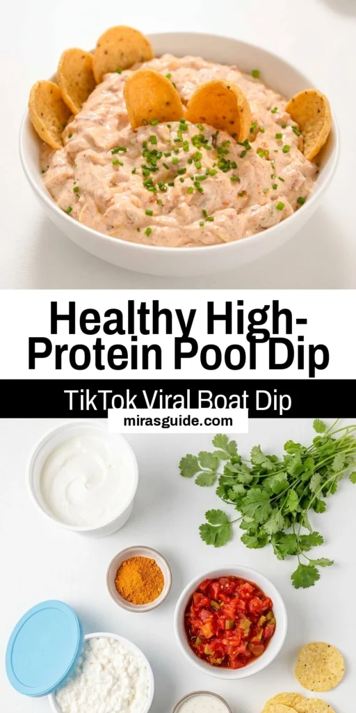 High-protein ranch and Rotel boat dip in a bowl with tortilla chips, cottage cheese, and salsa ingredients