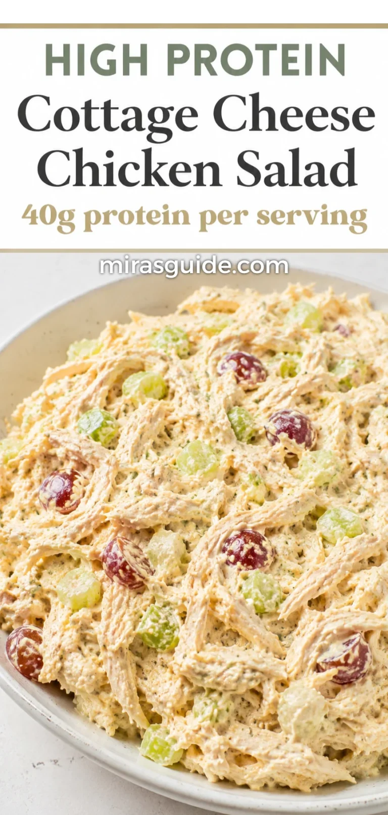 High protein cottage cheese chicken salad with grapes and celery in a bowl