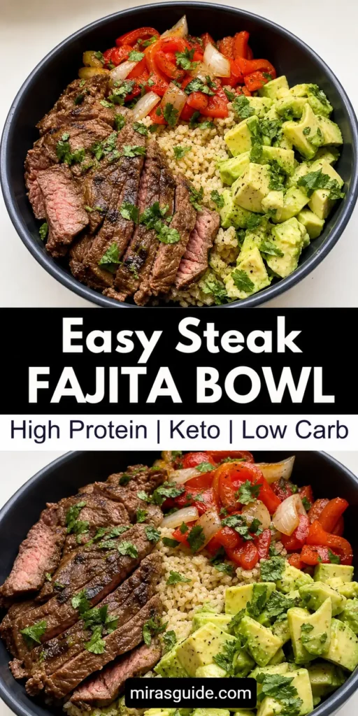 High protein steak fajita bowl with sliced steak, peppers, onions, avocado, and cilantro rice