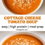 Creamy high protein cottage cheese tomato soup in a white bowl topped with basil and cheese