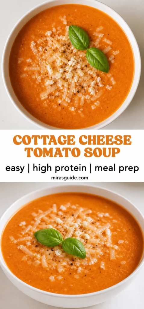 Creamy high protein cottage cheese tomato soup in a white bowl topped with basil and cheese