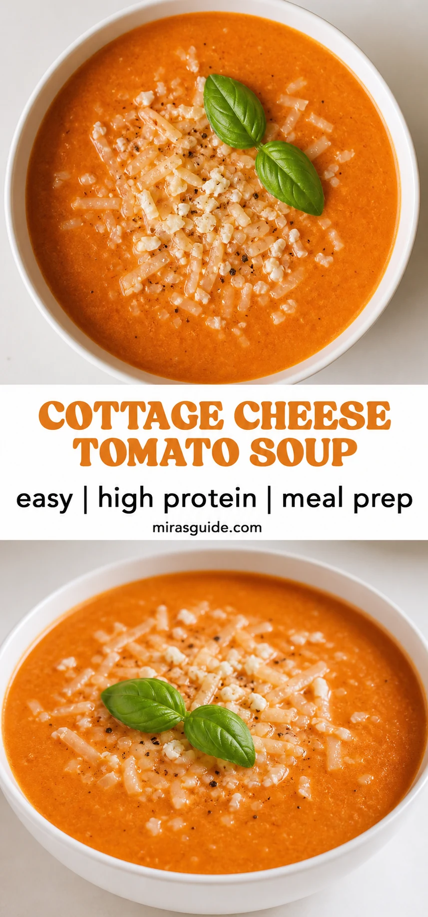 Creamy high protein cottage cheese tomato soup in a white bowl topped with basil and cheese