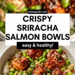 Honey sriracha salmon bowls with glazed cubes, rice, avocado, and edamame