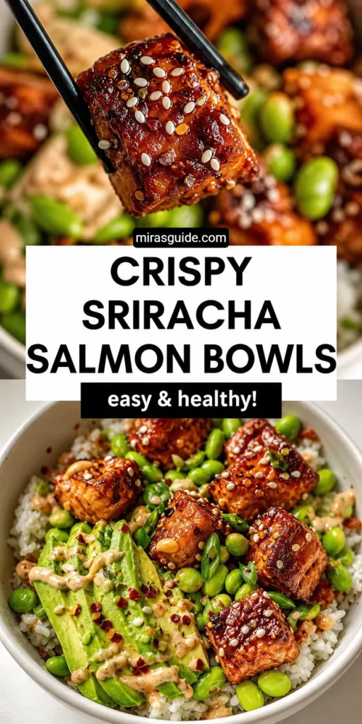 Honey sriracha salmon bowls with glazed cubes, rice, avocado, and edamame