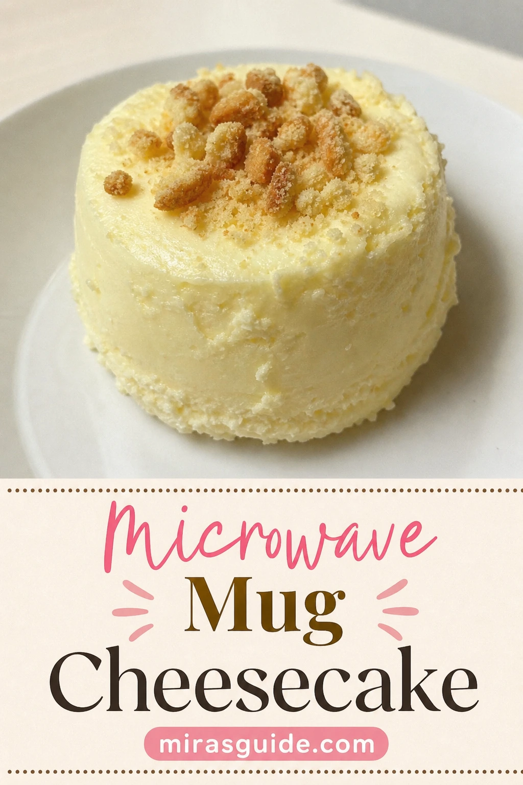 Microwave keto mug cheesecake unmolded on a plate with crumb topping