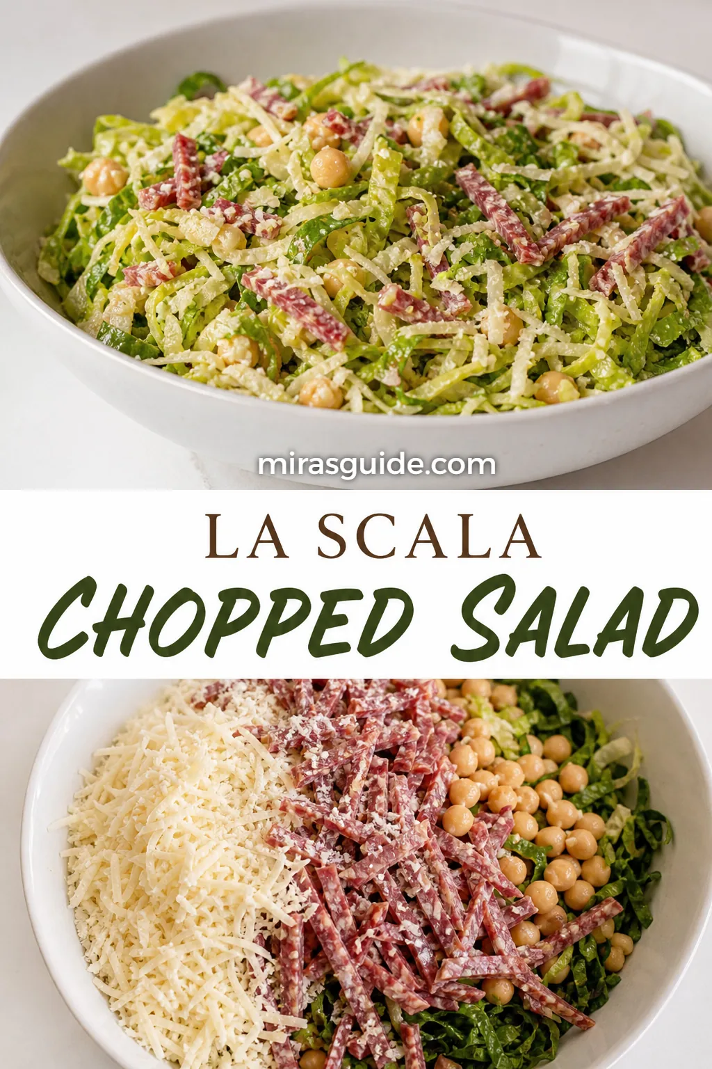 Famous La Scala chopped salad with salami, chickpeas, mozzarella, and shredded lettuce