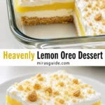 Heavenly lemon Oreo dessert layered in a glass dish with lemon cream topping
