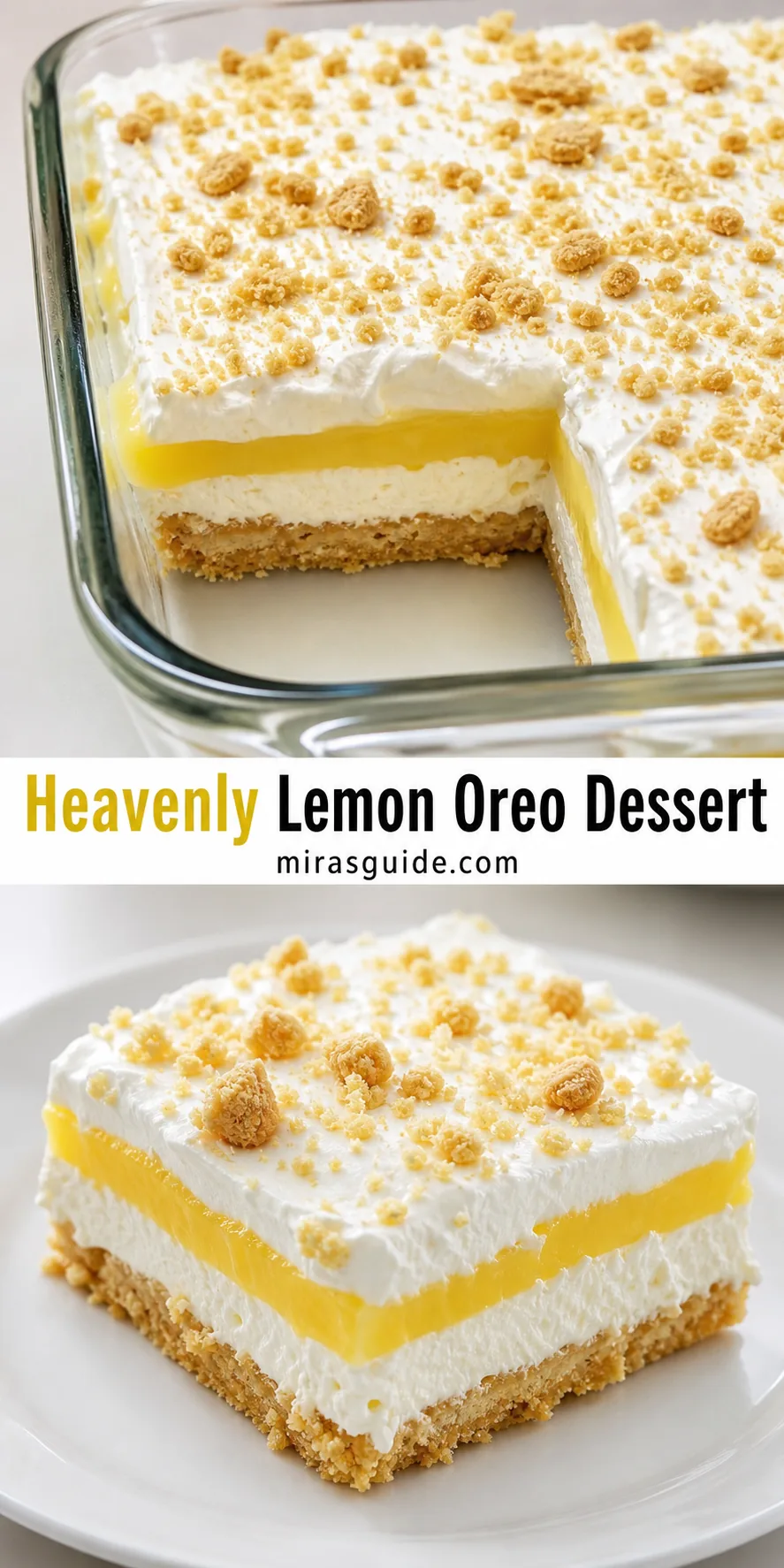 Heavenly lemon Oreo dessert layered in a glass dish with lemon cream topping