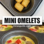 Mini breakfast omelets with tater tot crust, sausage, and peppers in a muffin pan